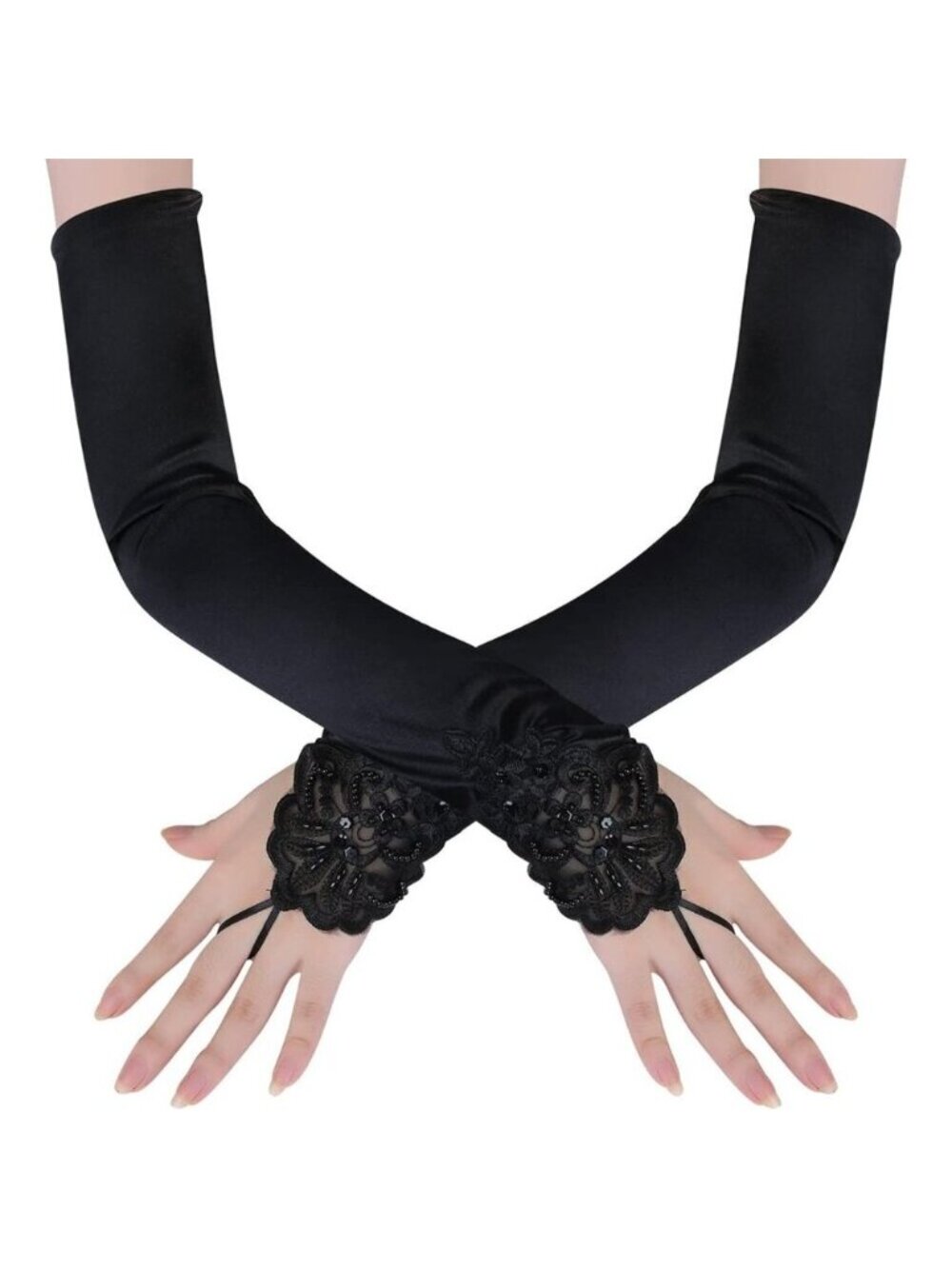 Women's Long Smooth Black Long Opera Party 20s Satin Glove Stretchy Elbow Length